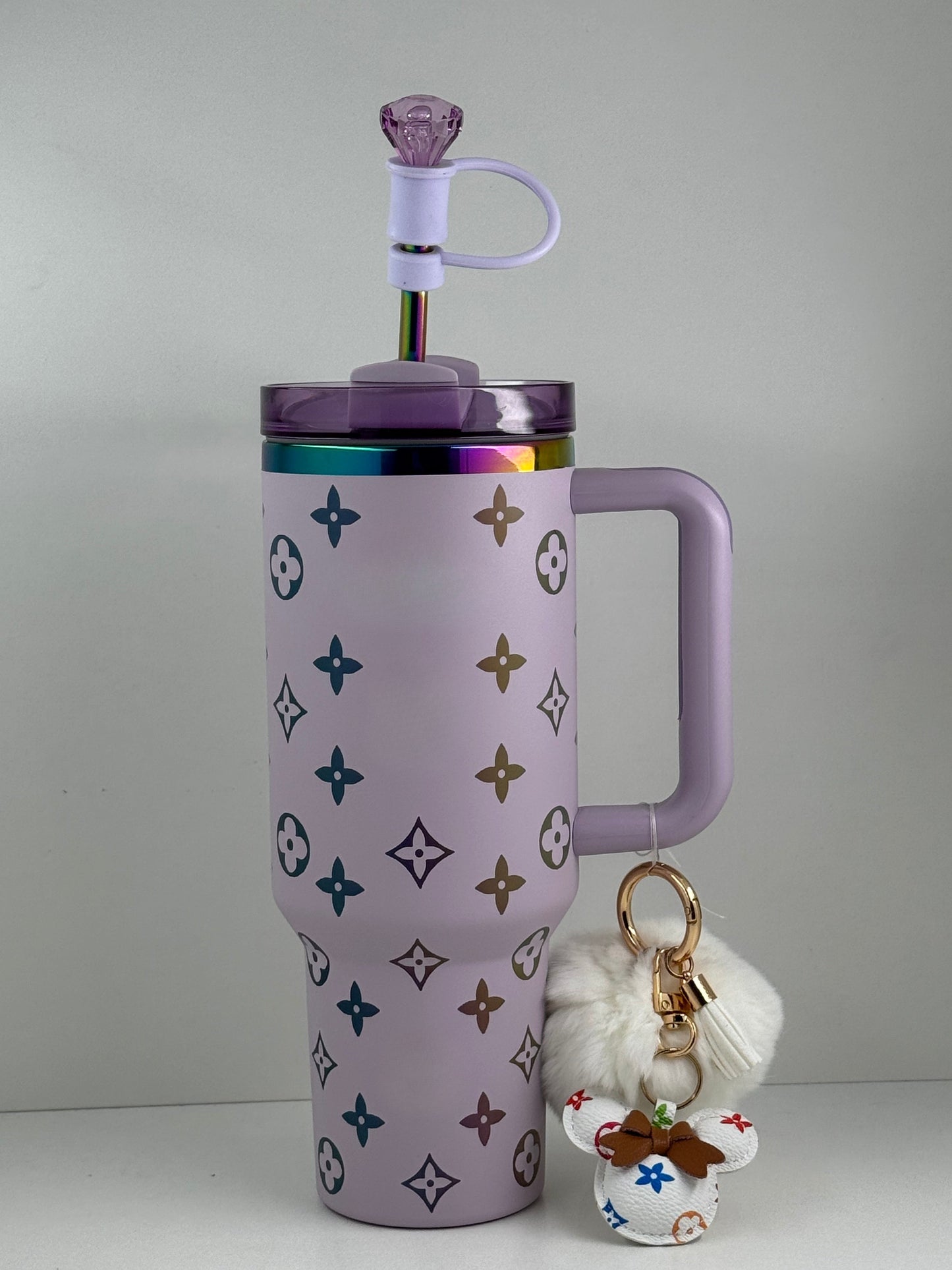 40oz Luxury-Inspired Quencher Tumbler + Luxury Keychain + Gem Straw Topper – Lilac