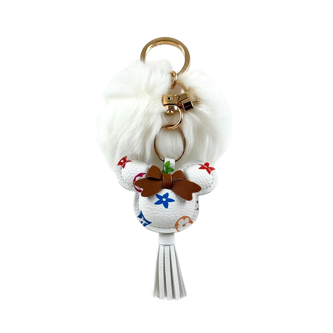 White Fluffy Pom Pom Keychain with Multicolor LV