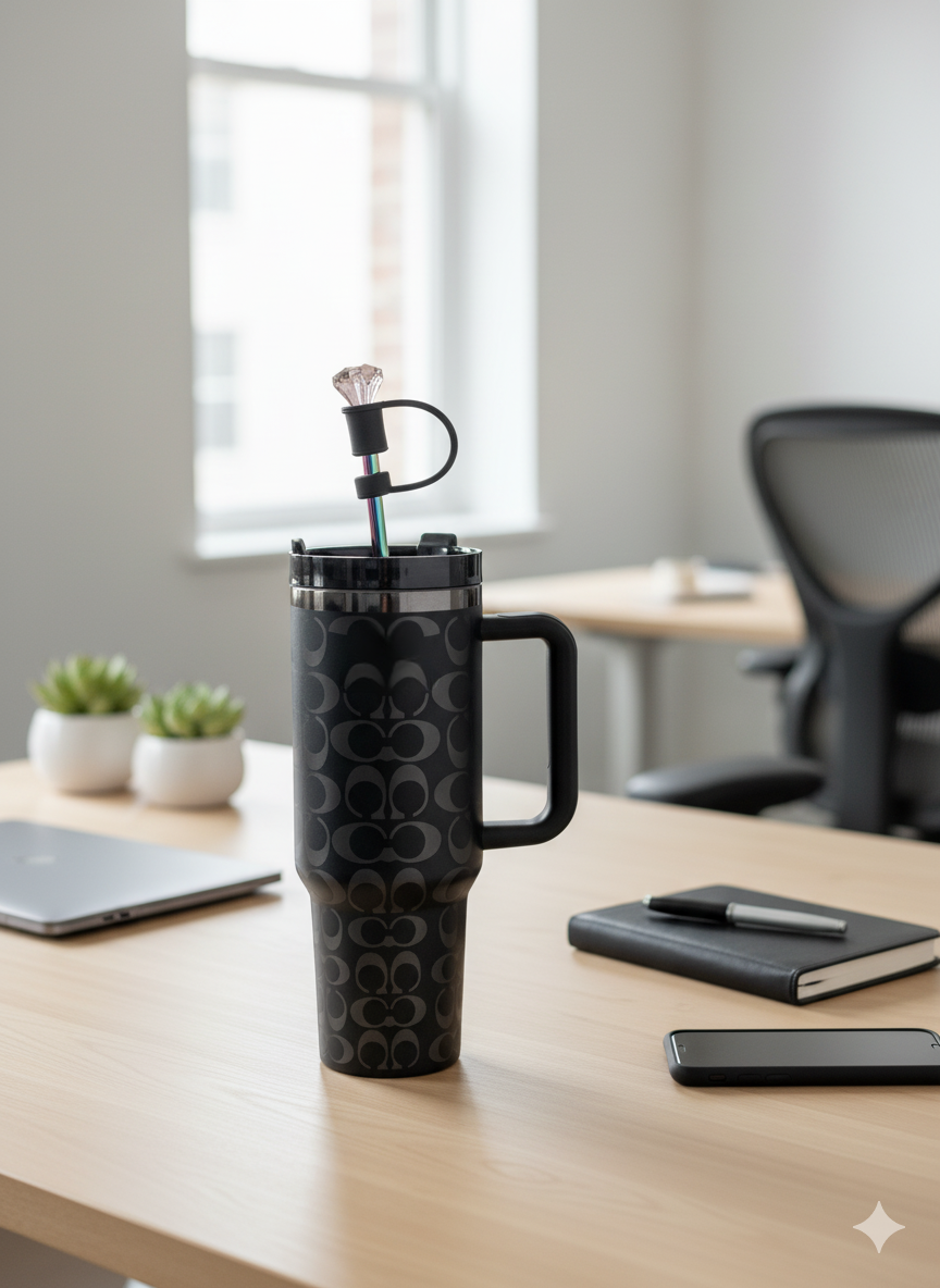 40oz Holographic Monogram Quencher Tumbler + Gem Straw Topper – Black & Silver