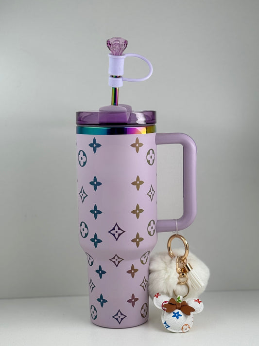 40oz Luxury-Inspired Quencher Tumbler + Luxury Keychain + Gem Straw Topper – Lilac