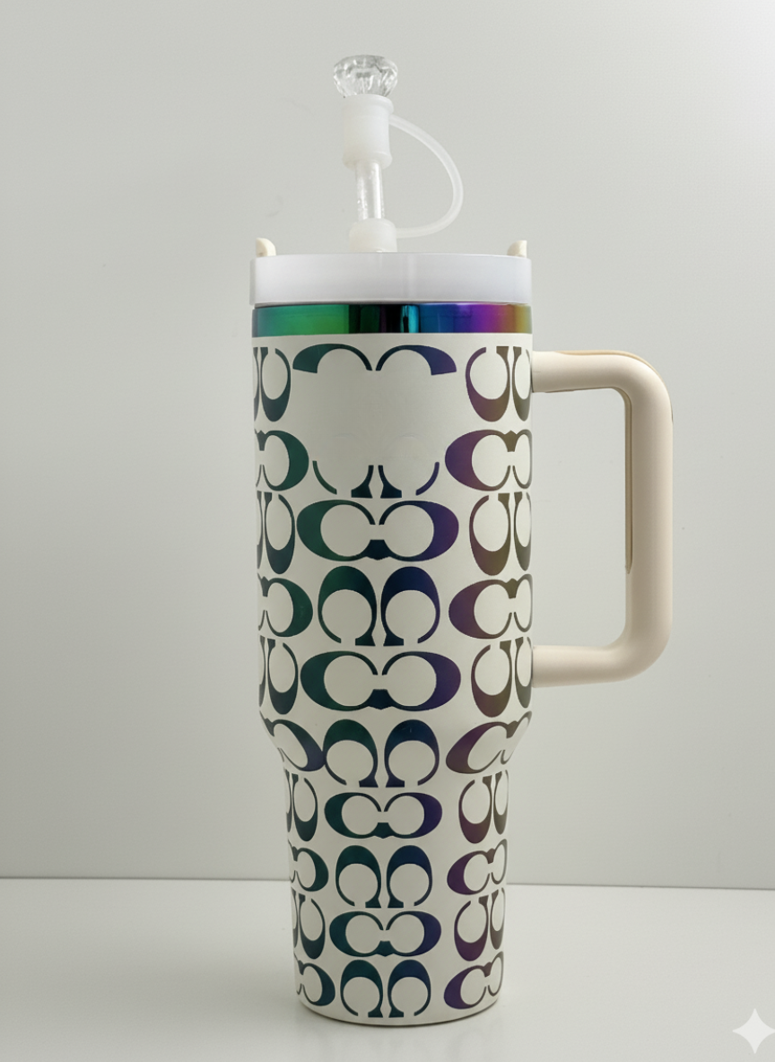 40oz Holographic Monogram Quencher Tumbler + Gem Straw Topper – White