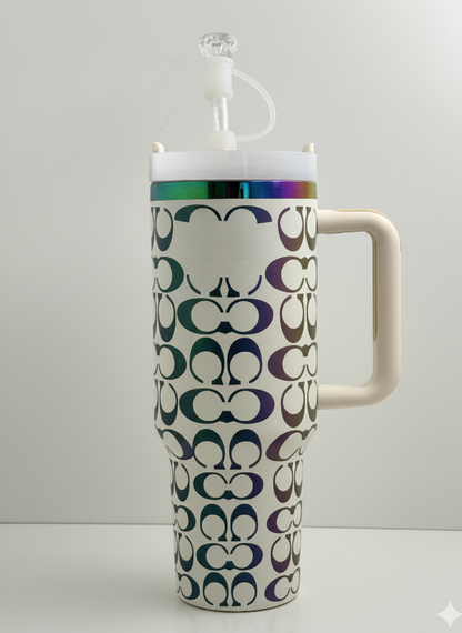 40oz Holographic Monogram Quencher Tumbler + Gem Straw Topper – White