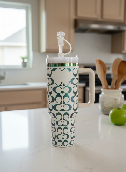 40oz Holographic Monogram Quencher Tumbler + Gem Straw Topper – White
