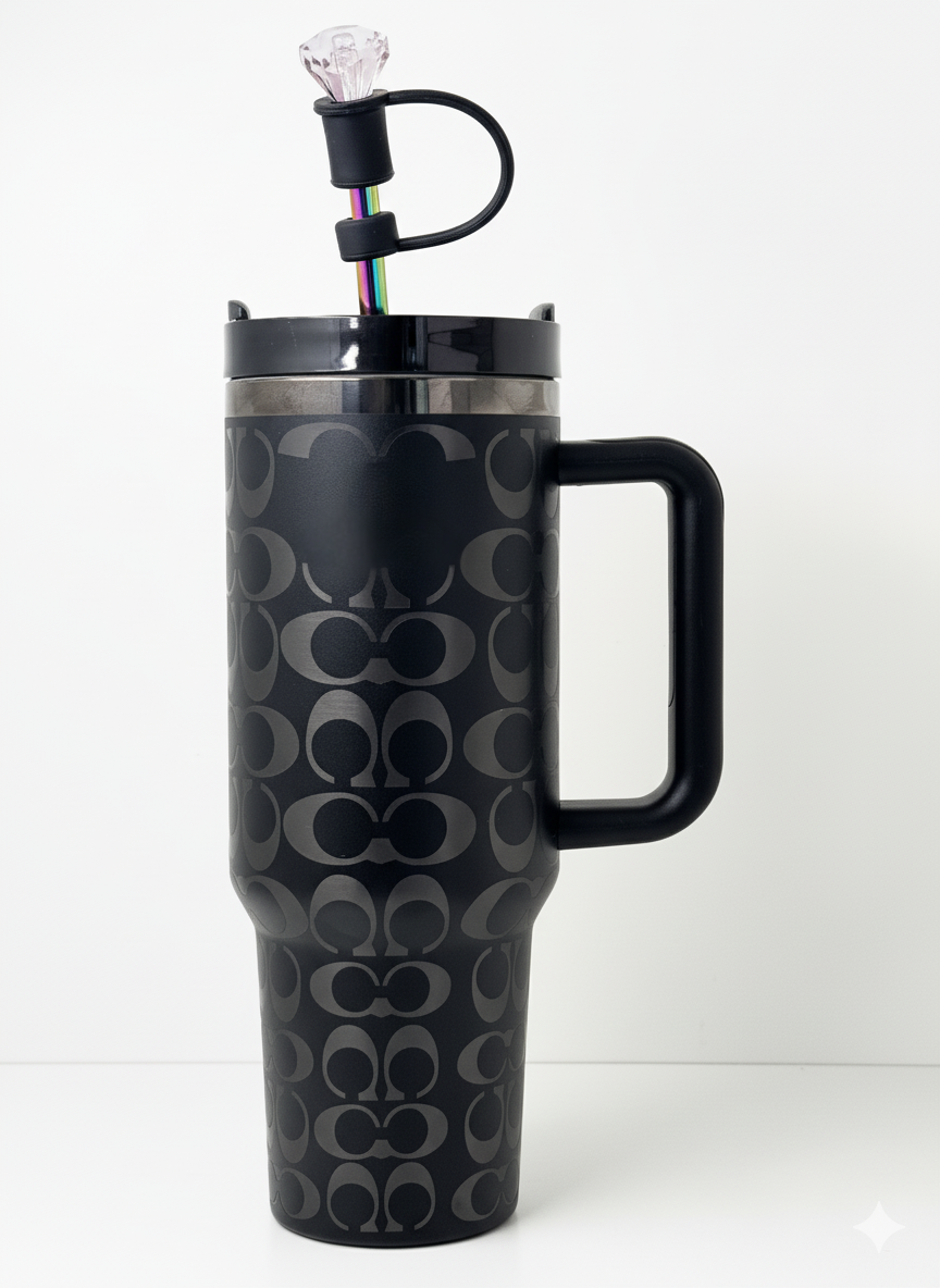 40oz Holographic Monogram Quencher Tumbler + Gem Straw Topper – Black & Silver