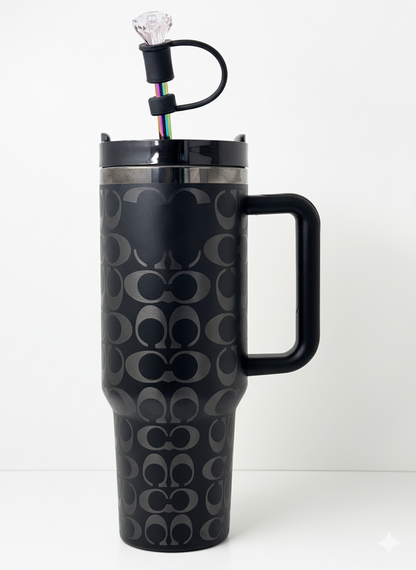 40oz Holographic Monogram Quencher Tumbler + Gem Straw Topper – Black & Silver