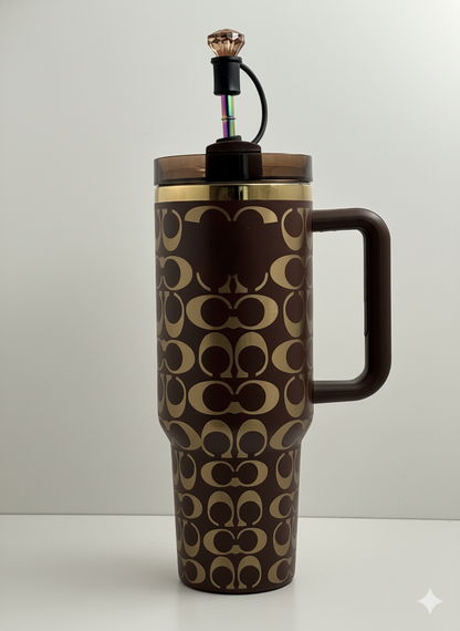 40oz Holographic Monogram Quencher Tumbler + Gem Straw Topper – Brown