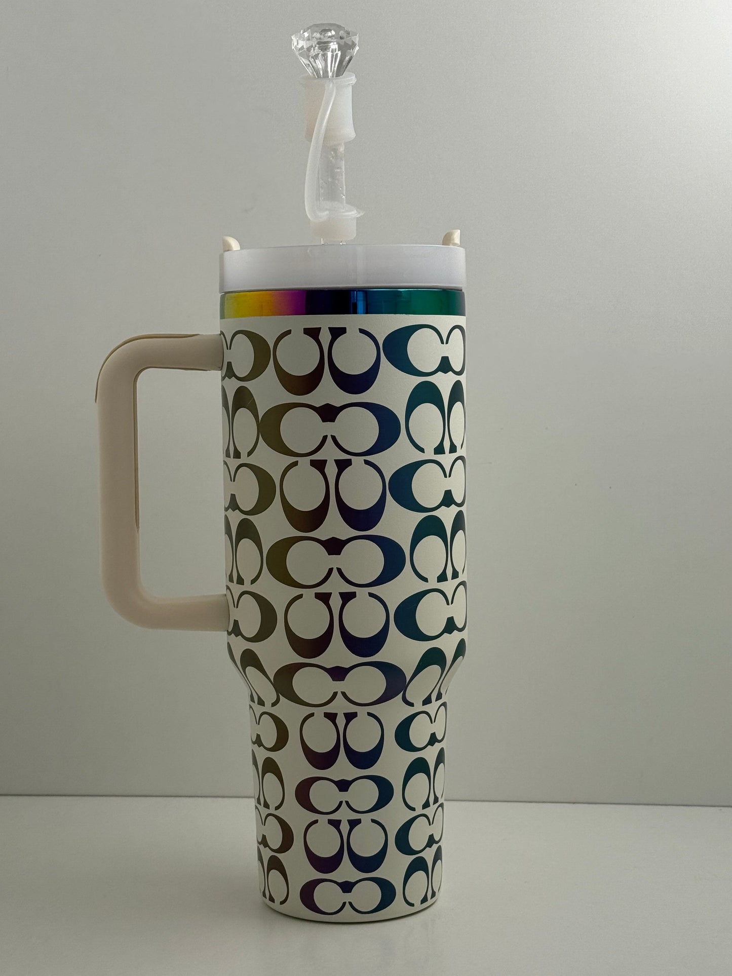 40oz Holographic Monogram Quencher Tumbler + Gem Straw Topper – White