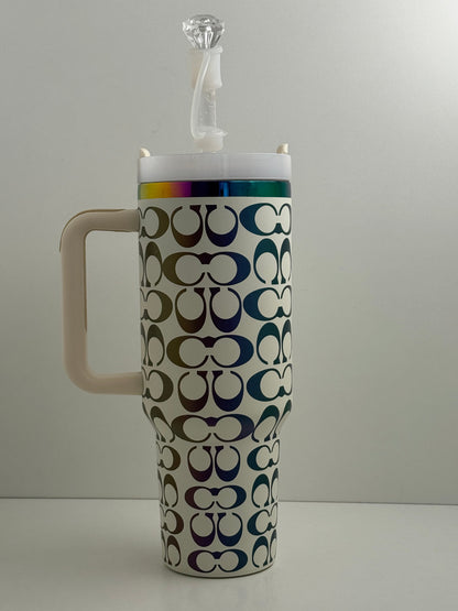 40oz Holographic Monogram Quencher Tumbler + Gem Straw Topper – White