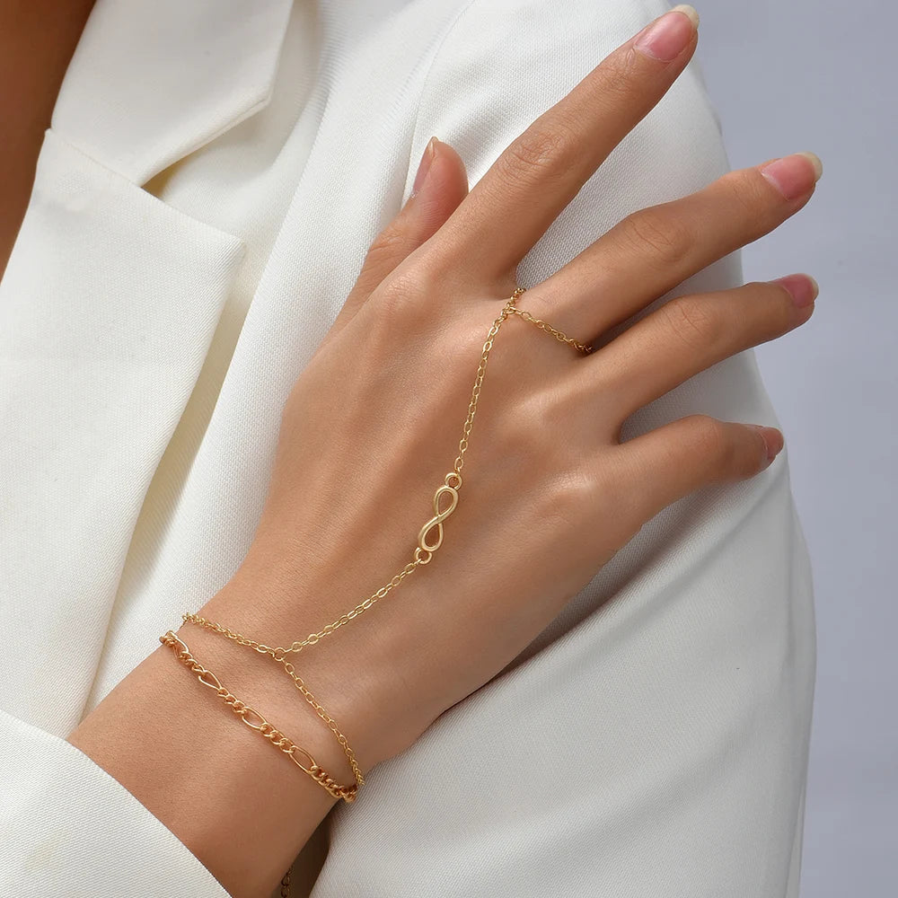 Creative Tiny Chain Bracelet Finger Rings For Women Gold Color Link Chains Connecting Hand Harness Bracelets Jewelry Gift