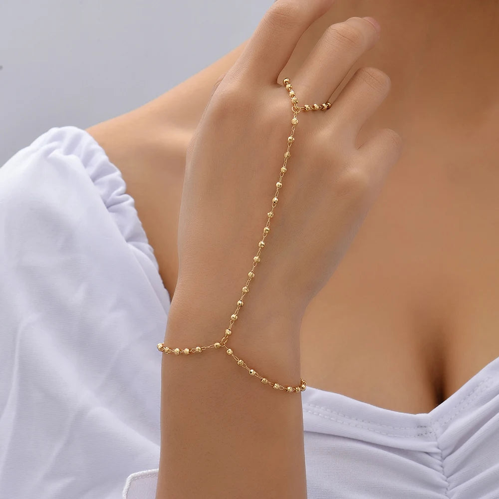 Creative Tiny Chain Bracelet Finger Rings For Women Gold Color Link Chains Connecting Hand Harness Bracelets Jewelry Gift