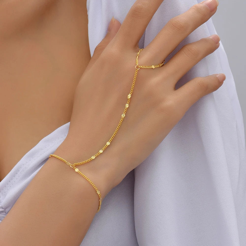 Creative Tiny Chain Bracelet Finger Rings For Women Gold Color Link Chains Connecting Hand Harness Bracelets Jewelry Gift