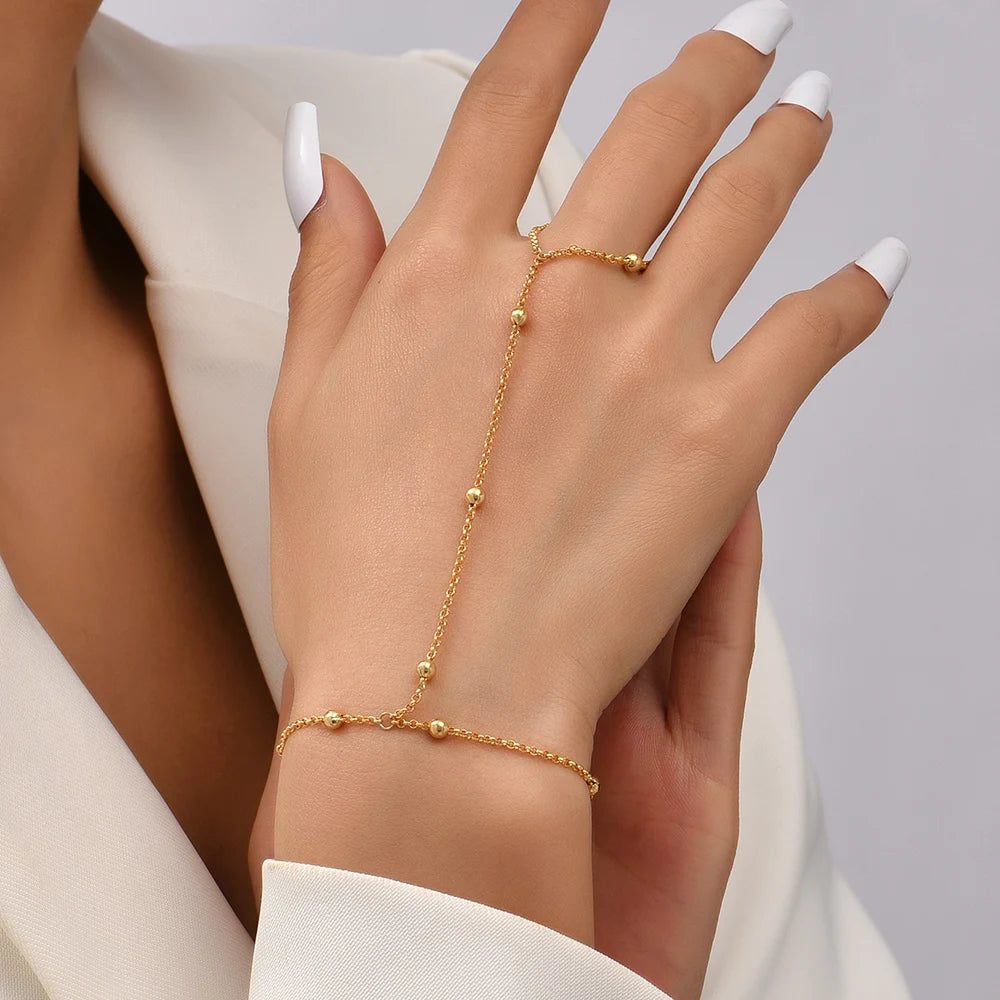 Creative Tiny Chain Bracelet Finger Rings For Women Gold Color Link Chains Connecting Hand Harness Bracelets Jewelry Gift