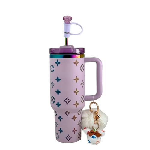 40oz Luxury-Inspired Quencher Tumbler + Luxury Keychain + Gem Straw Topper – Lilac