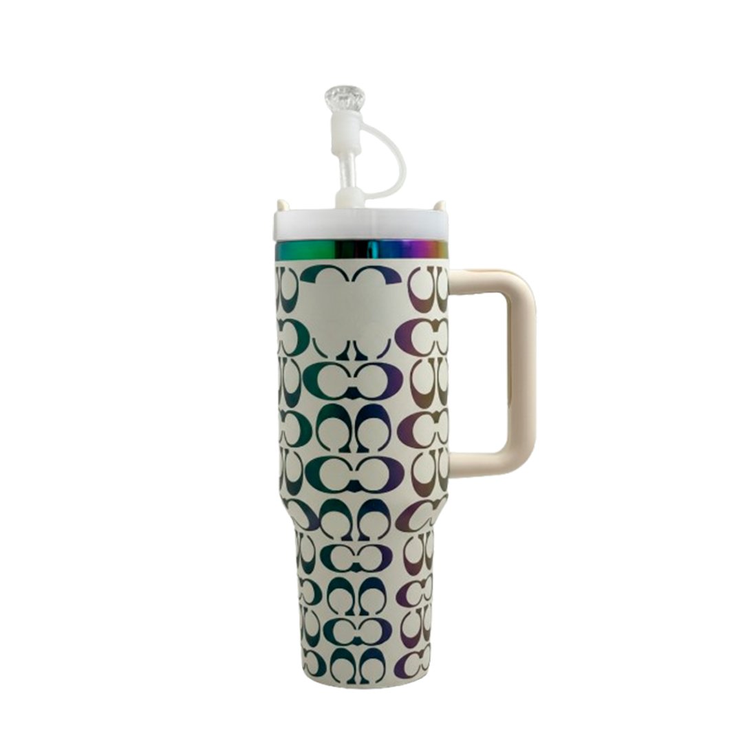 40oz Holographic Monogram Quencher Tumbler + Gem Straw Topper – White