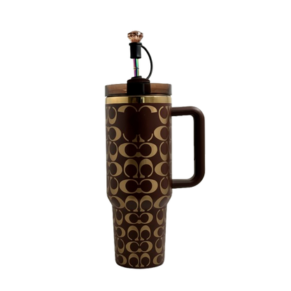 40oz Holographic Monogram Quencher Tumbler + Gem Straw Topper – Brown