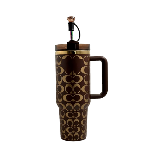 40oz Holographic Monogram Quencher Tumbler + Gem Straw Topper – Brown
