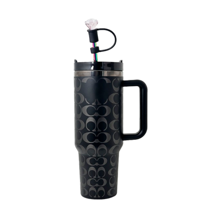 40oz Holographic Monogram Quencher Tumbler + Gem Straw Topper – Black & Silver
