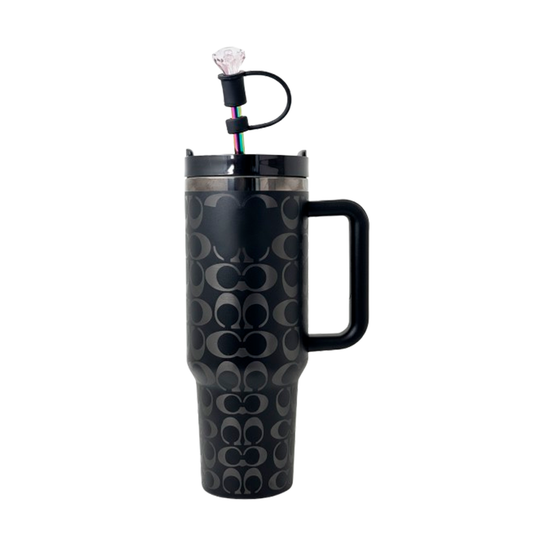 40oz Holographic Monogram Quencher Tumbler + Gem Straw Topper – Black & Silver